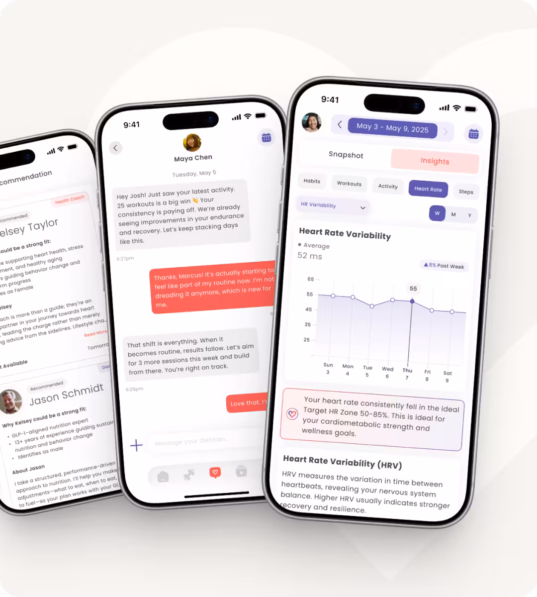 Three smartphones showing health app screens including a provider profile for Kelsey Taylor, a chat conversation with Maya Chen, and health data charts.