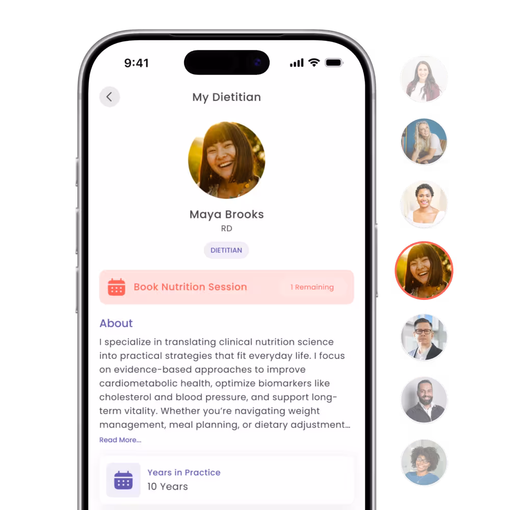 Mobile screen showing a dietitian profile for Maya Brooks, with a photo, a button to book a nutrition session, a summary of her expertise in clinical nutrition, and her 10 years of practice.