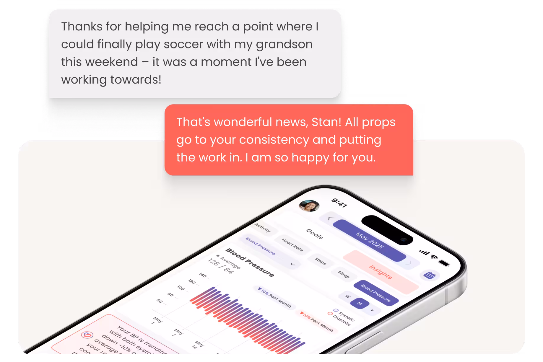 Chat conversation praising a person named Stan for reaching a goal, shown above a smartphone displaying blood pressure data and health insights for May 2025.