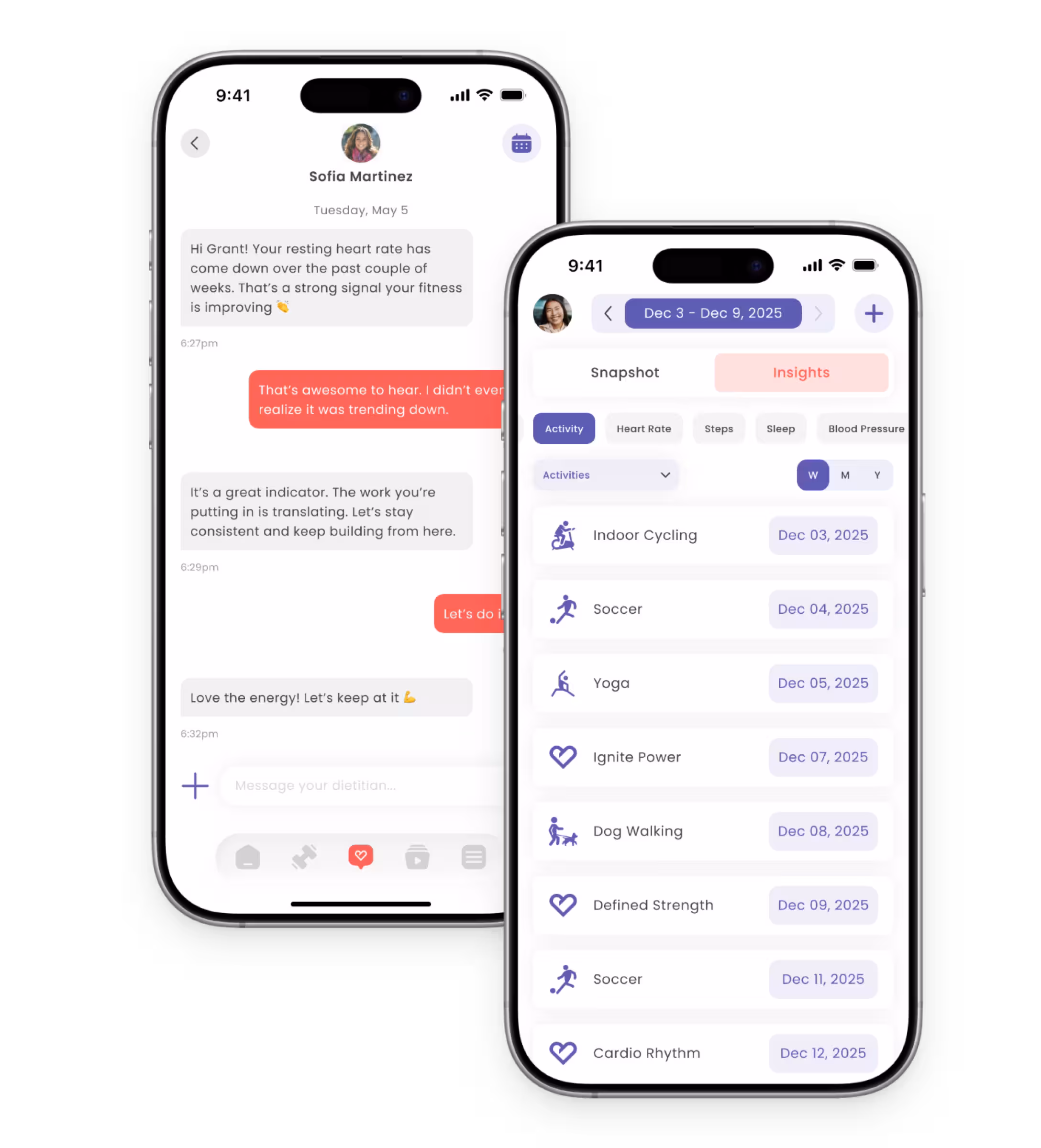 Two smartphone screens showing a fitness app; one screen displays a conversation about improving heart rate, the other shows a weekly activity log with dates and types of exercises.