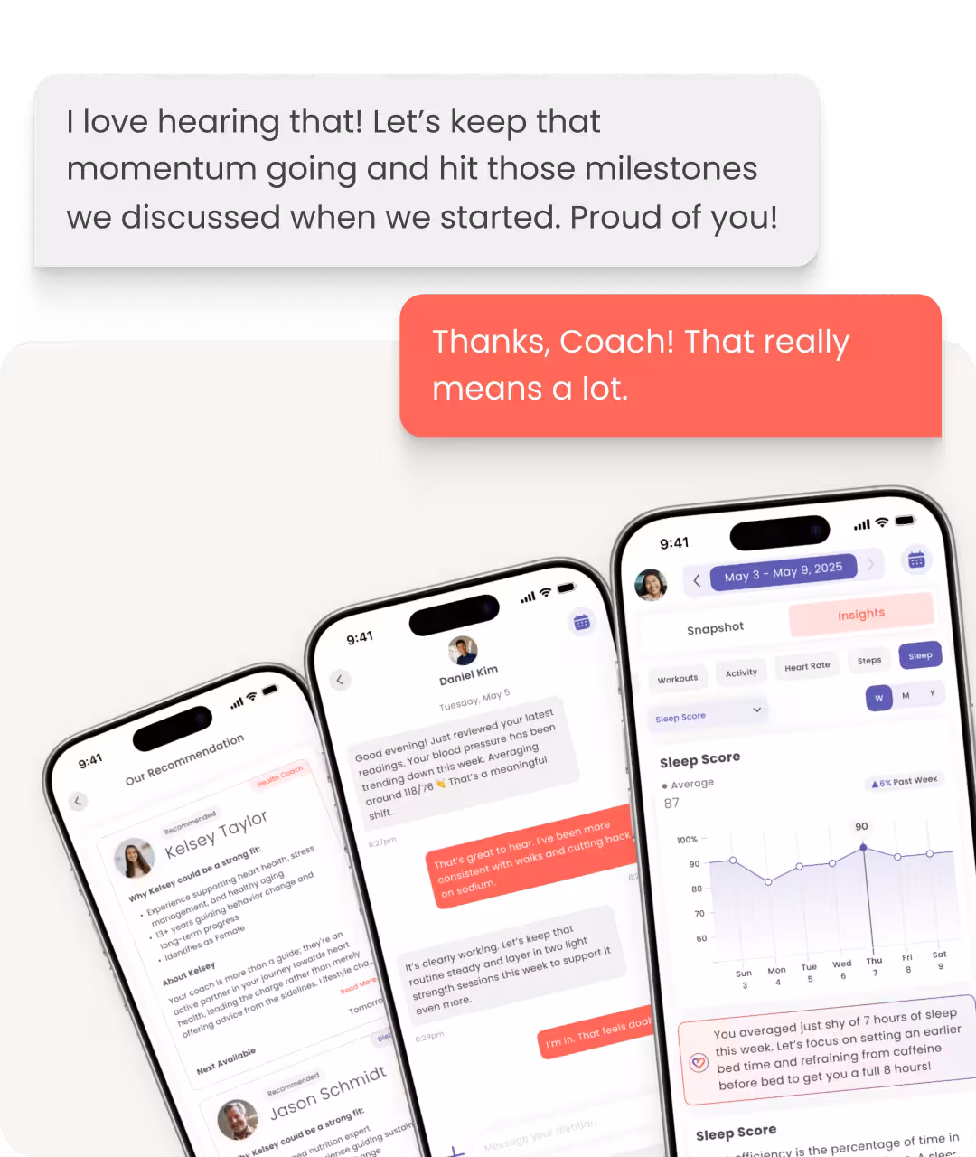 Three smartphones showing a health coaching app with a coach recommendation, chat messages between coach and user, and a sleep score chart with insights and advice.