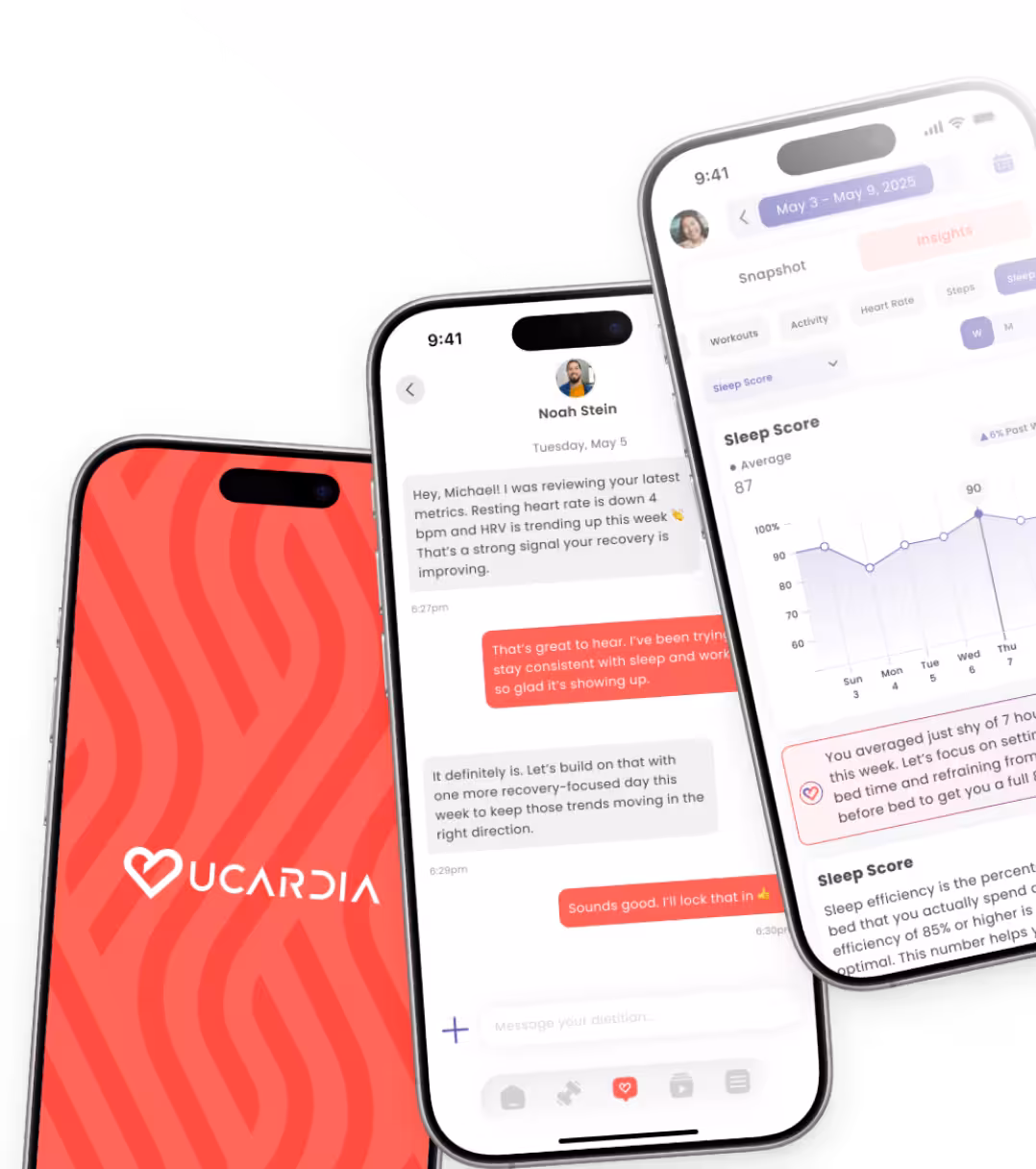 Three smartphones showing Ucardia health app screens: an intro screen with logo, a chat conversation discussing health metrics, and a sleep score graph with insights.