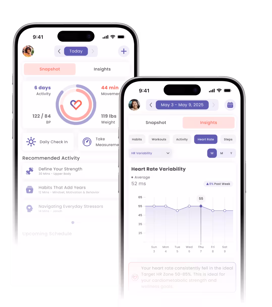 Two smartphone screens showing a health app with activity summary including 6 days of activity, 44 minutes movement, 122/84 blood pressure, 119 lbs weight, and heart rate variability data for May 3 to May 9, 2025.