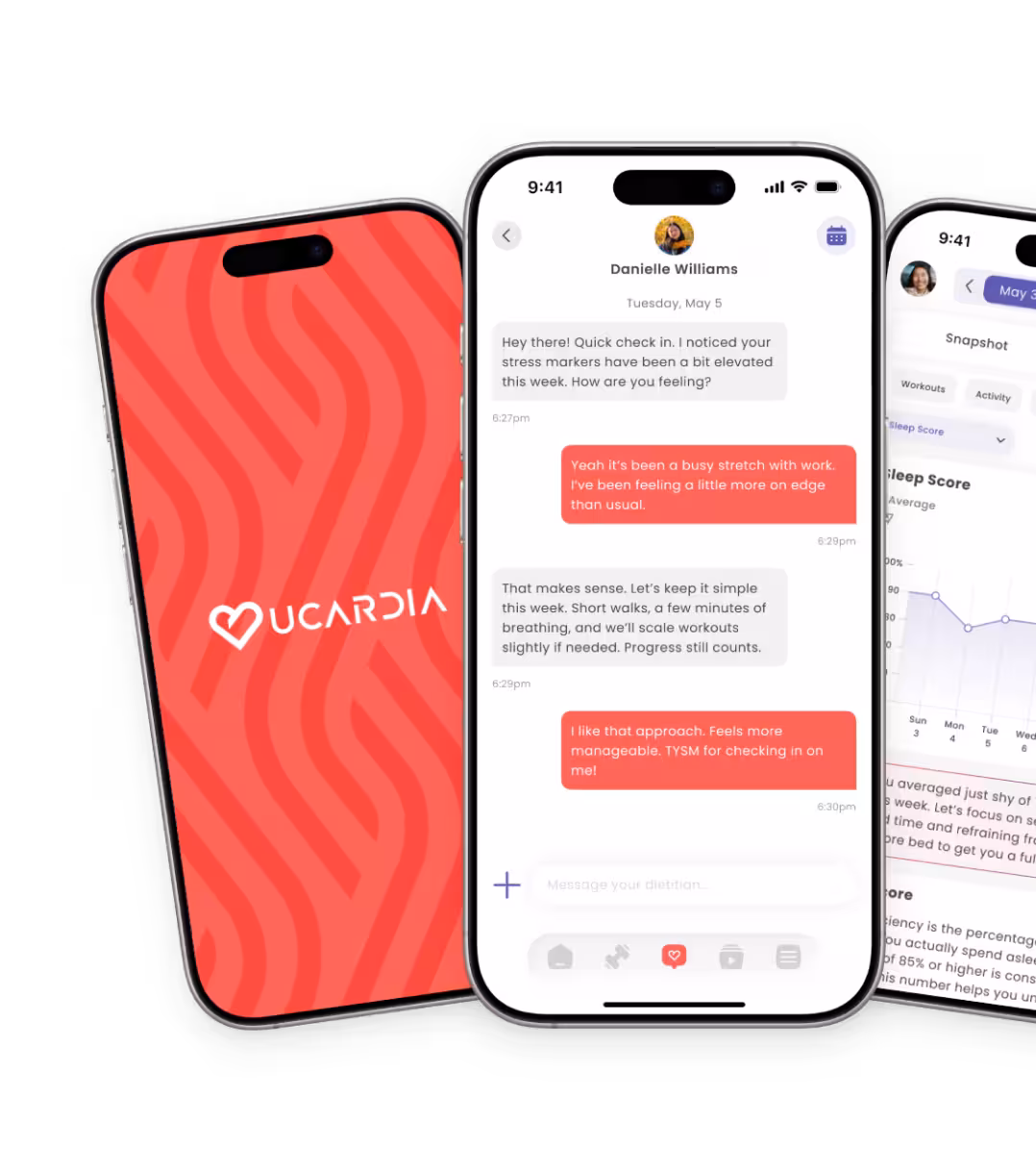 Three smartphones displaying the UCARDIA app, one showing the logo on a red patterned background, one showing a chat conversation about stress management, and one showing sleep score data and activity charts.