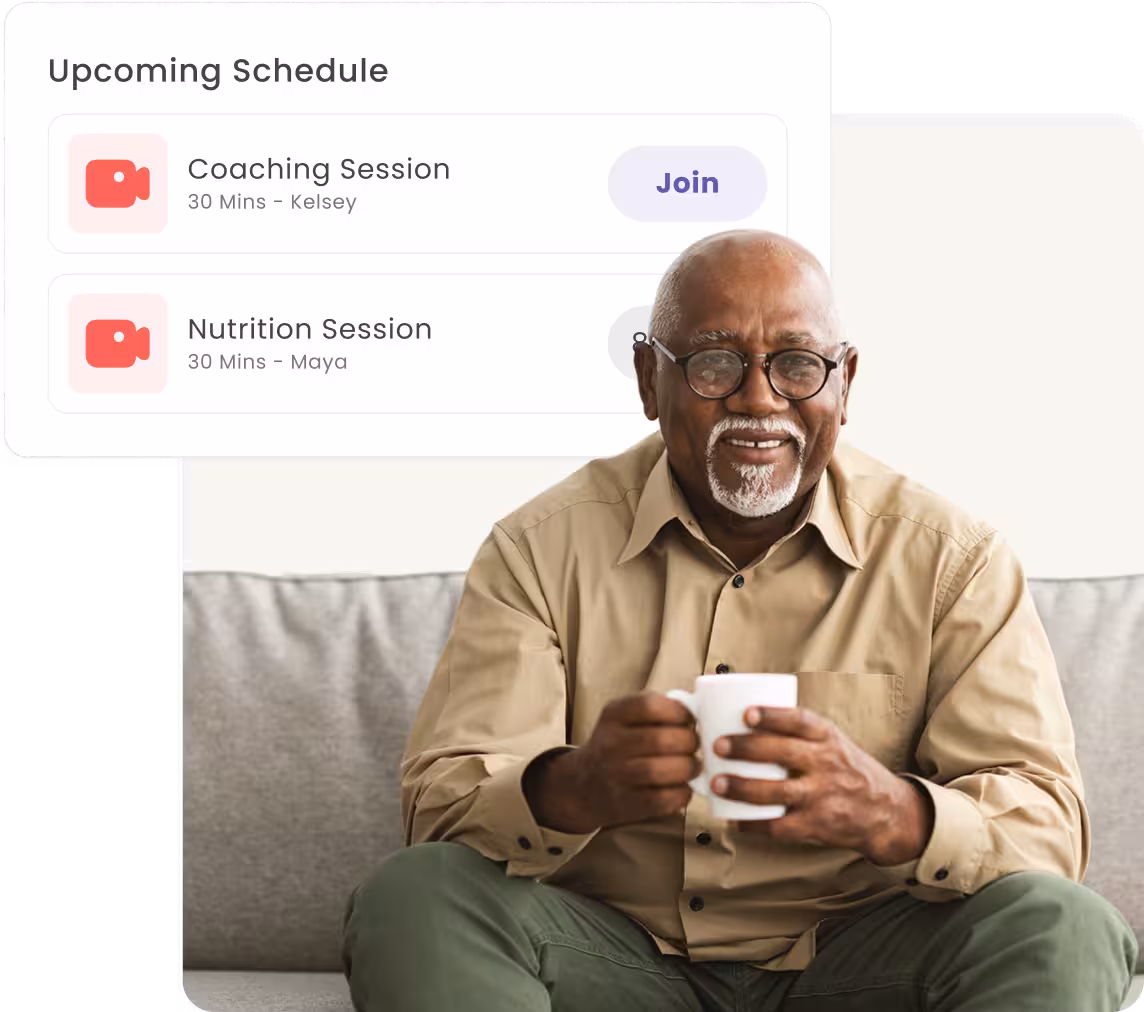 Smiling elderly man with glasses holding a white cup, sitting on a couch with a schedule overlay showing coaching and nutrition sessions.