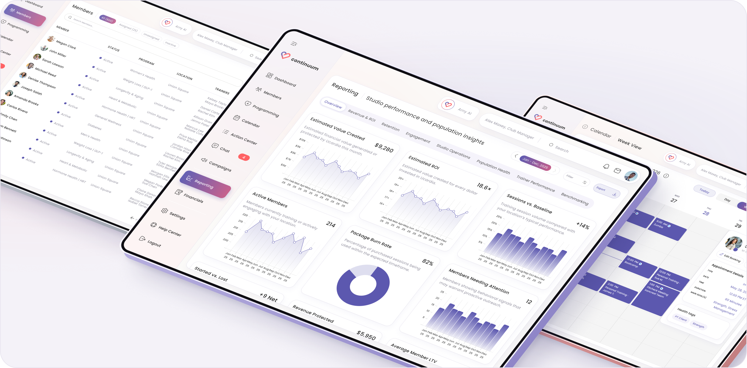 Continuum reporting, member, and calendar screens