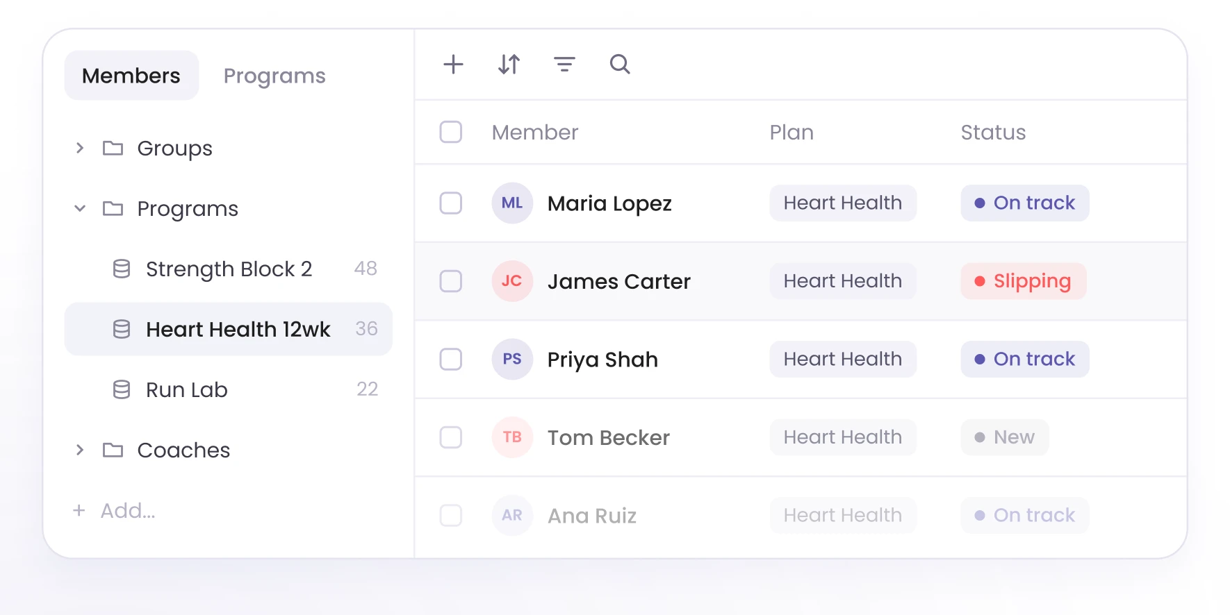 Continuum member list with programs and status