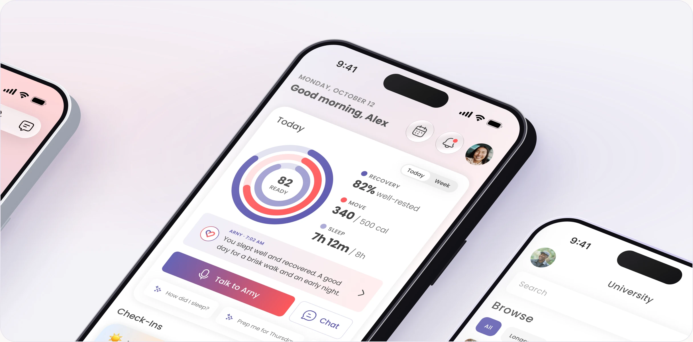 The Ucardia app on three phones: University lessons, an Arny AI chat, and the Home screen