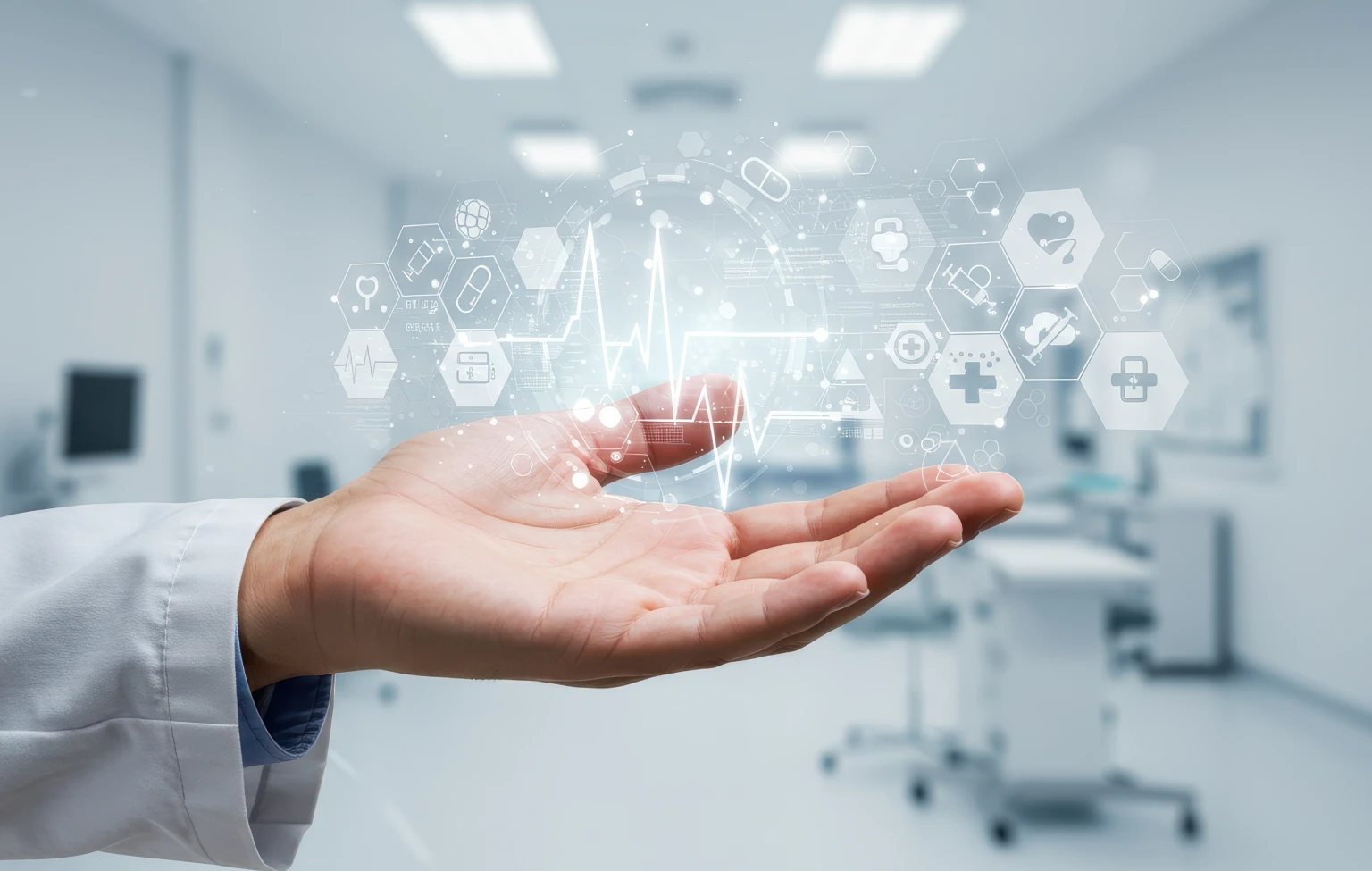 Hand of a health care professional with floating AI and medical icons, symbolizing AI integration in health care.