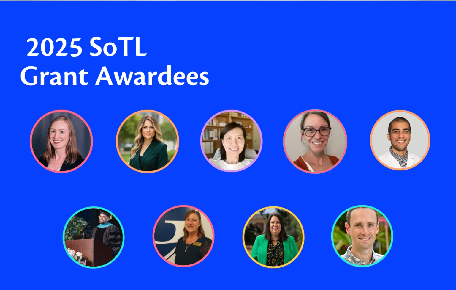 Graphic featuring headshots of the 2025 SoTL Grant Awardees from the Evidence In Motion University Partnership network, displayed in two rows on a bright blue background with the title "2025 SoTL Grant Awardees" in bold white text.