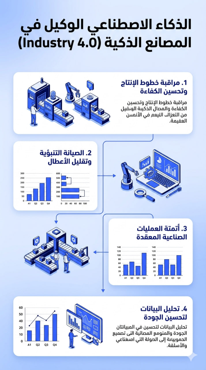 استخدامات الذكاء الاصطناعي الوكيل في الصناعة والتصنيع الذكي