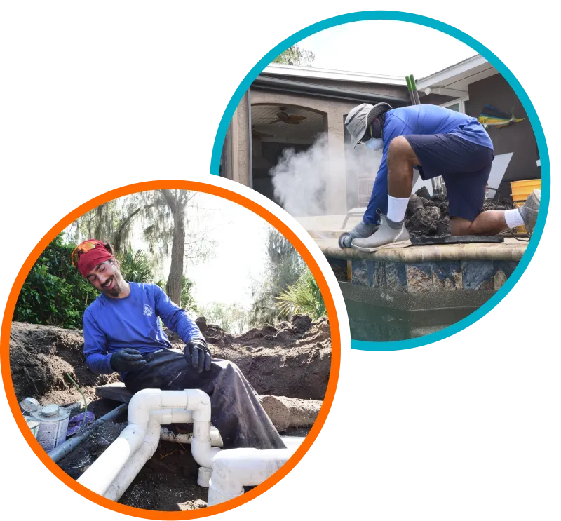 Pool repair tech performing outdoor plumbing and resurfacing repairs