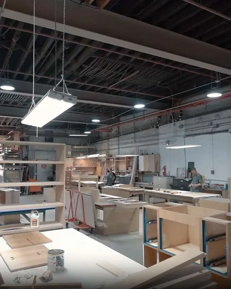 Brooklyn Millwork shop floor with cabinetry in progress.