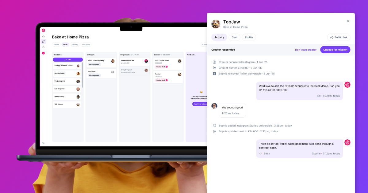 Creator holding contract in front of her face