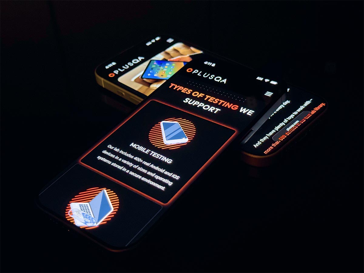 Two mobile devices stacked on top of each other with PlusQA website pages displayed on screen