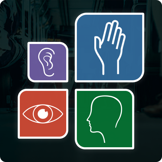 Graphic image of hand, ear, eye, and side profile of a face icons displayed in different colored tiles 