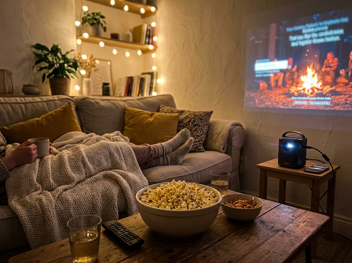 Cozy movie night setup with a projector and blanket