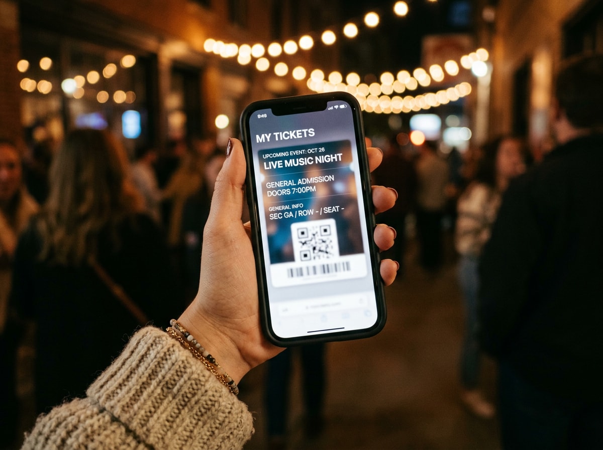 Phone showing a concert ticket app in a cozy evening setting