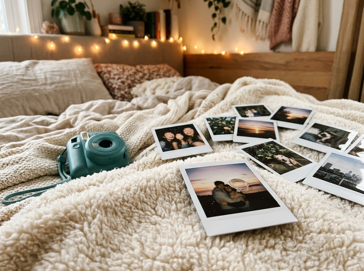 Instant camera and printed photos scene with a ring