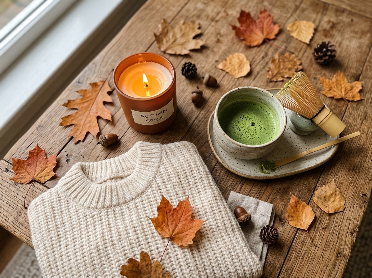 Cozy fall flat lay with a candle, sweater, and matcha set
