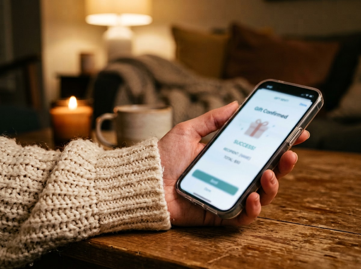 A phone screen showing a GiftYa Select being sent, no wrapping or store run needed