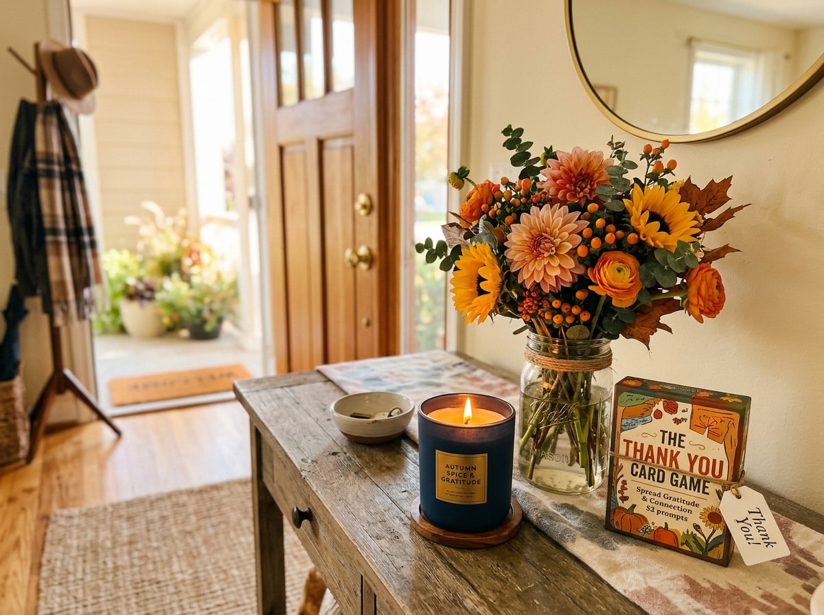 A candle, a bouquet, and a card game as small host thank-you gifts