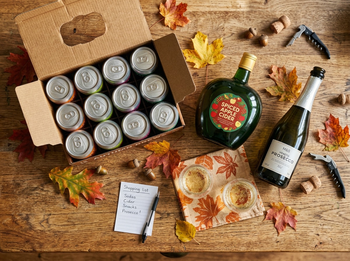 A table set with sodas, sparkling cider, and prosecco for a Friendsgiving gathering