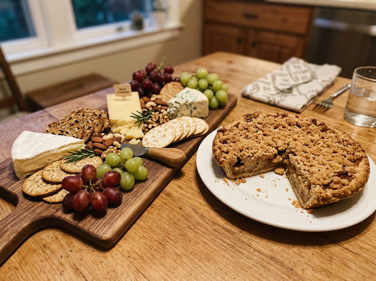 A store-bought cheese board and a bakery pie for a no-cook Friendsgiving contribution