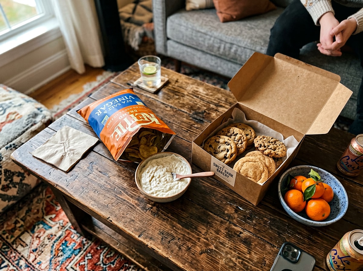 Grocery-store snacks including chips, dip, cookies, and clementines