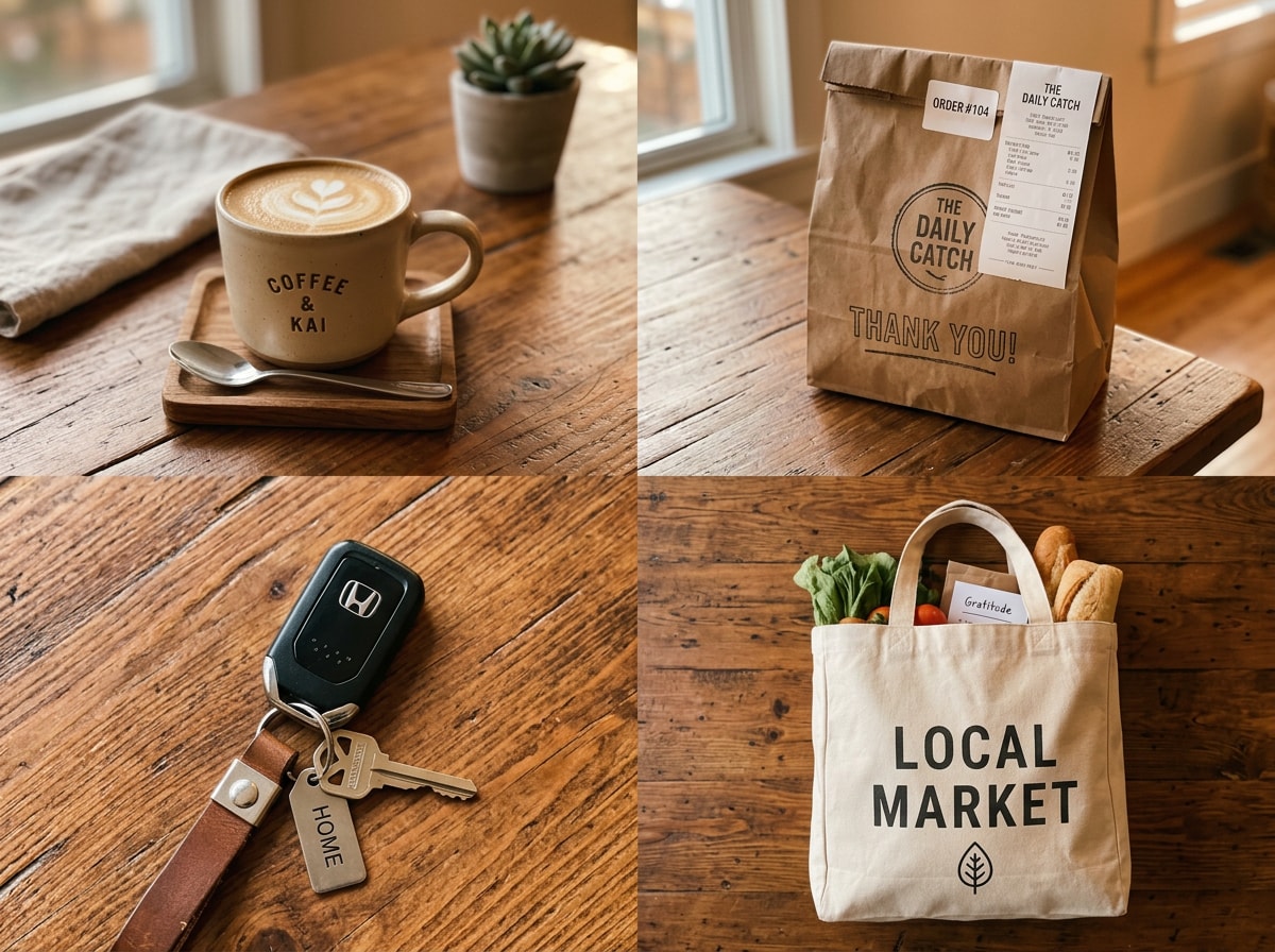 Everyday items representing last-minute GiftYa sends: coffee, delivery, a ride, and a restock