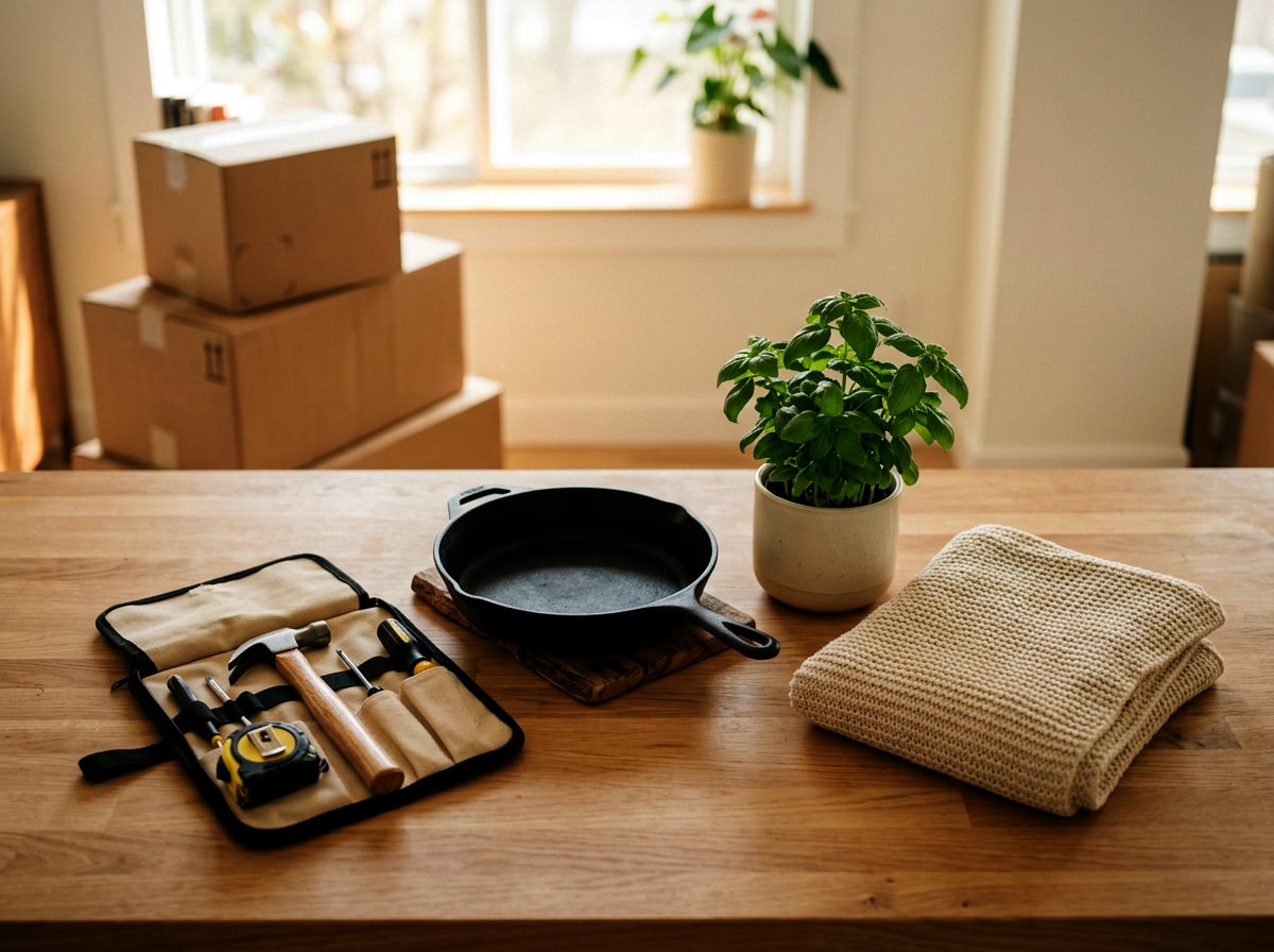 A flat-lay on a wooden kitchen counter with a starter tool kit, a black cast-iron skillet, a pot of fresh basil, and a folded cream throw blanket, with moving boxes in the background