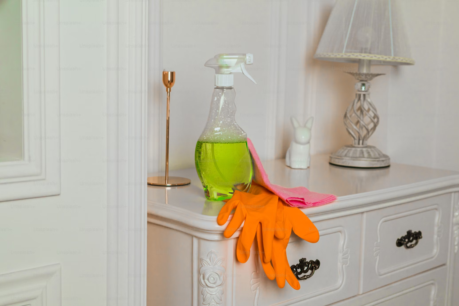 cleaning supplies on a small table