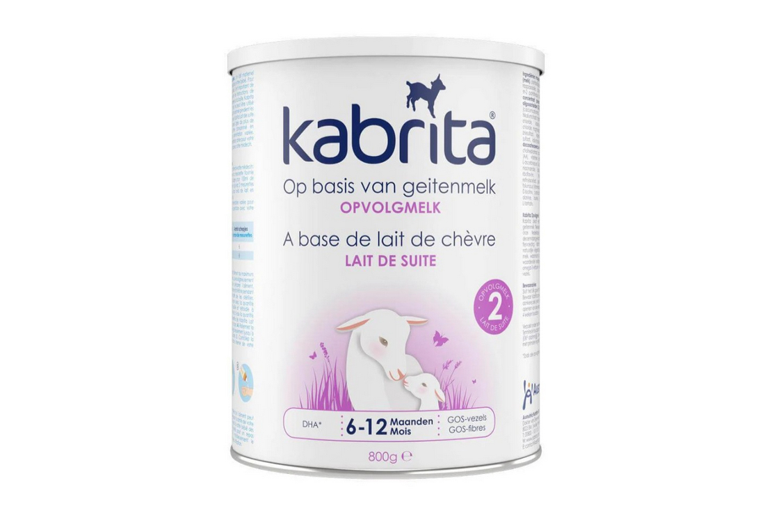 Kabrita goat milk powder packaging featuring a clean design with a goat illustration and product details prominently displayed.