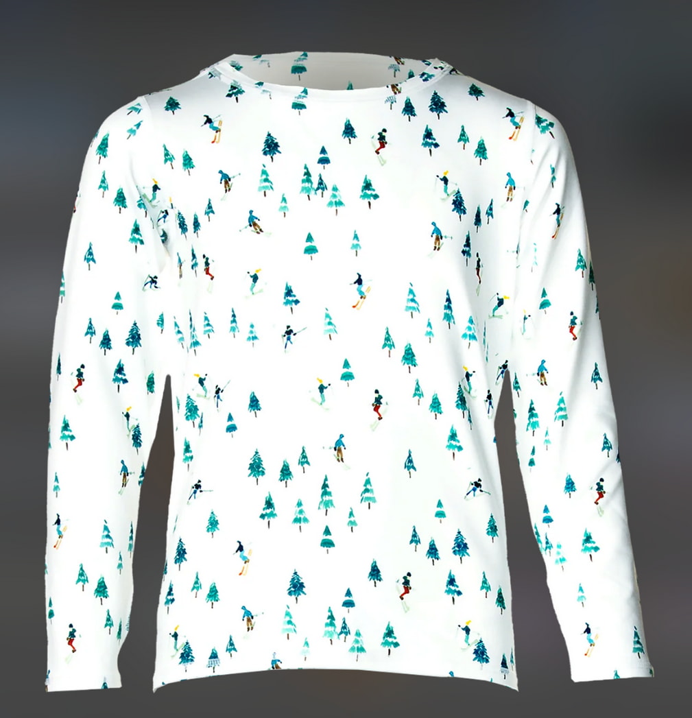 A long sleeve shirt adorned with a design of trees and playful snowmen in a snowy landscape.