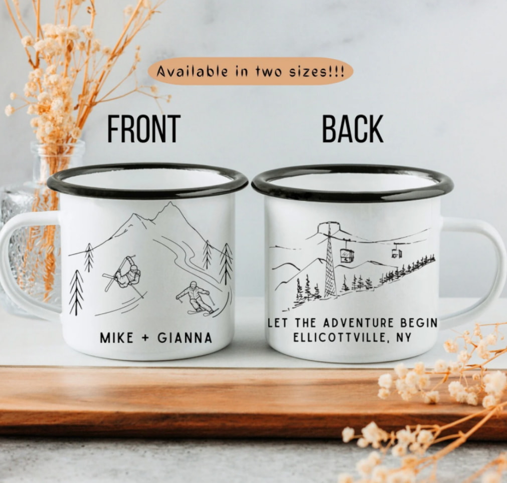 Two enamel mugs featuring the phrases "Get Married" and "Mike and Gina" in a decorative font.