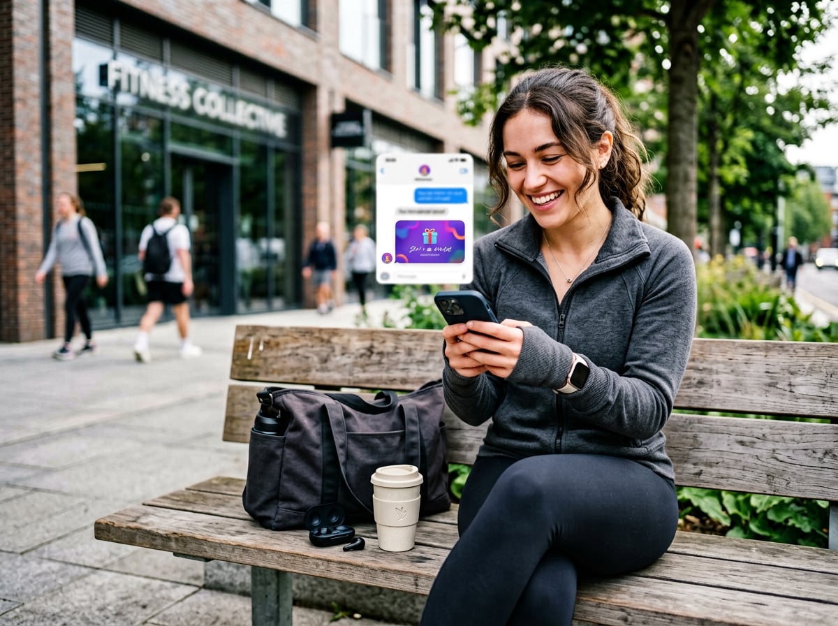 Woman smiling at a digital gift card on her phone after a workout, ready to shop for new activewear