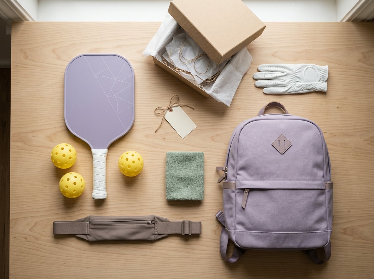 Flat lay of sports accessory gifts including a pickleball paddle and bag, running belt, and golf glove