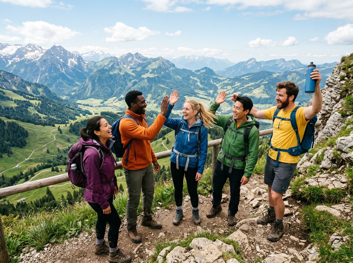 Group of friends celebrating at a scenic mountain viewpoint during an active hiking getaway