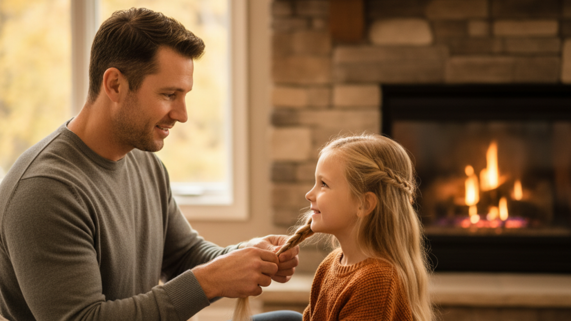 Father braiding his daughter's hair
