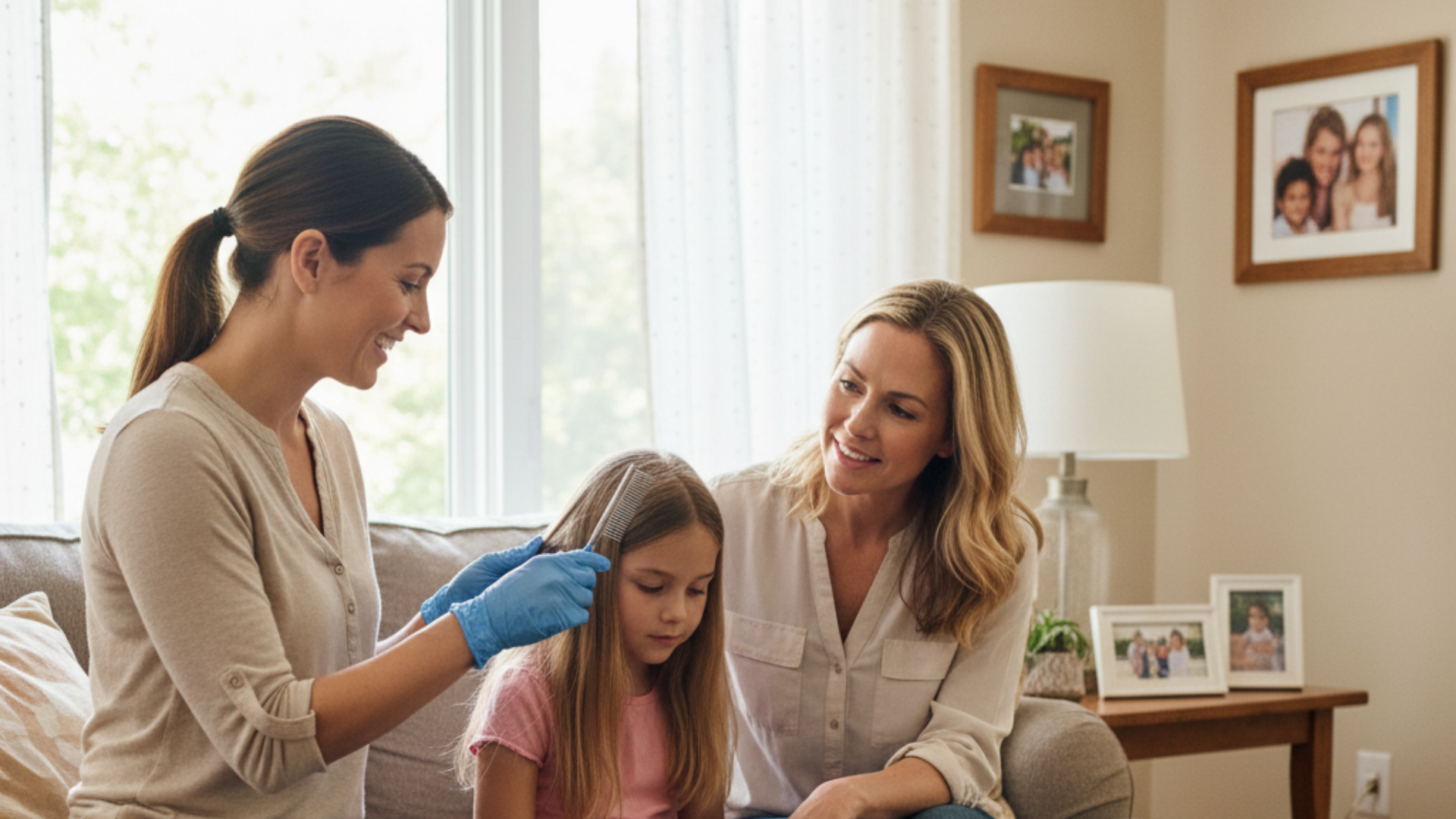 Two women taking care of a child’s hair to protect her from lice