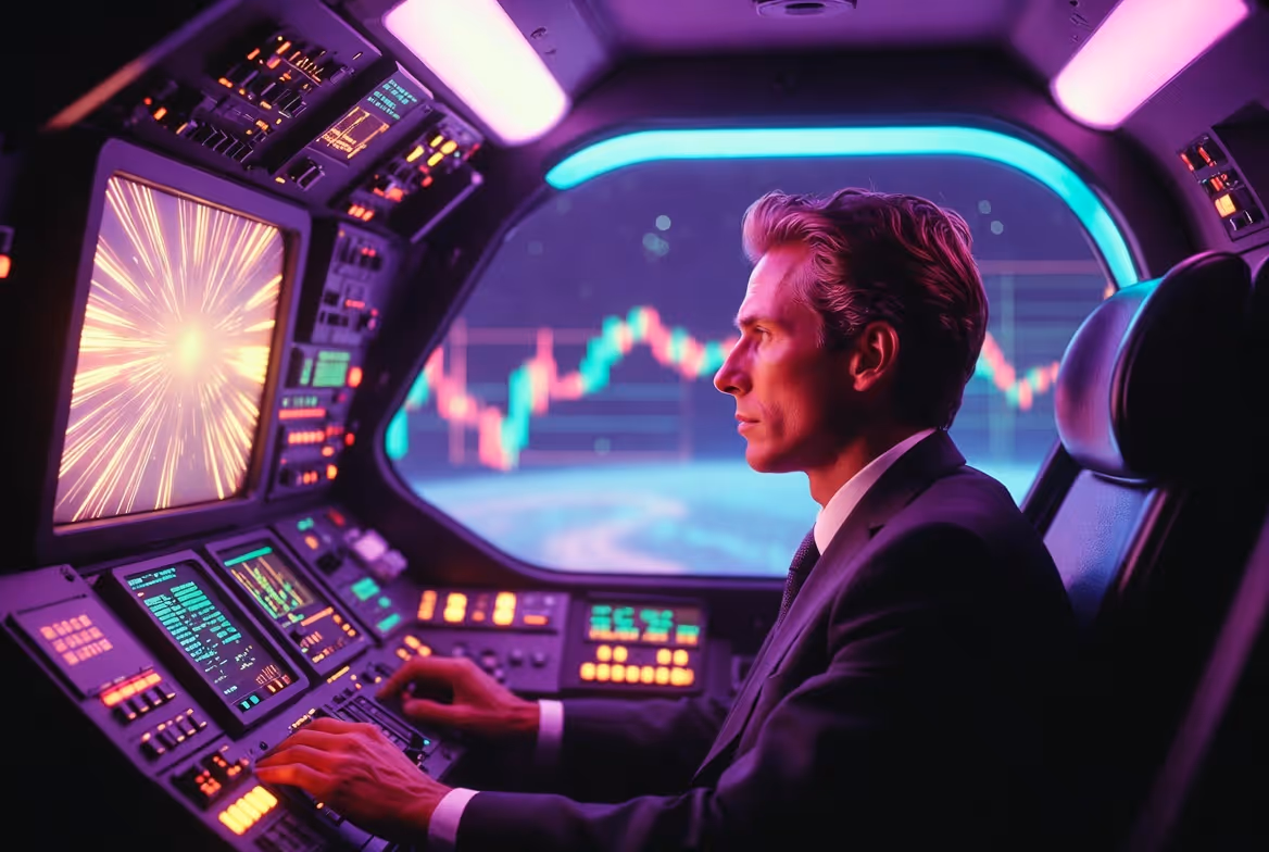 Man in a suit operating controls inside a futuristic trading cockpit with glowing screens and space view.