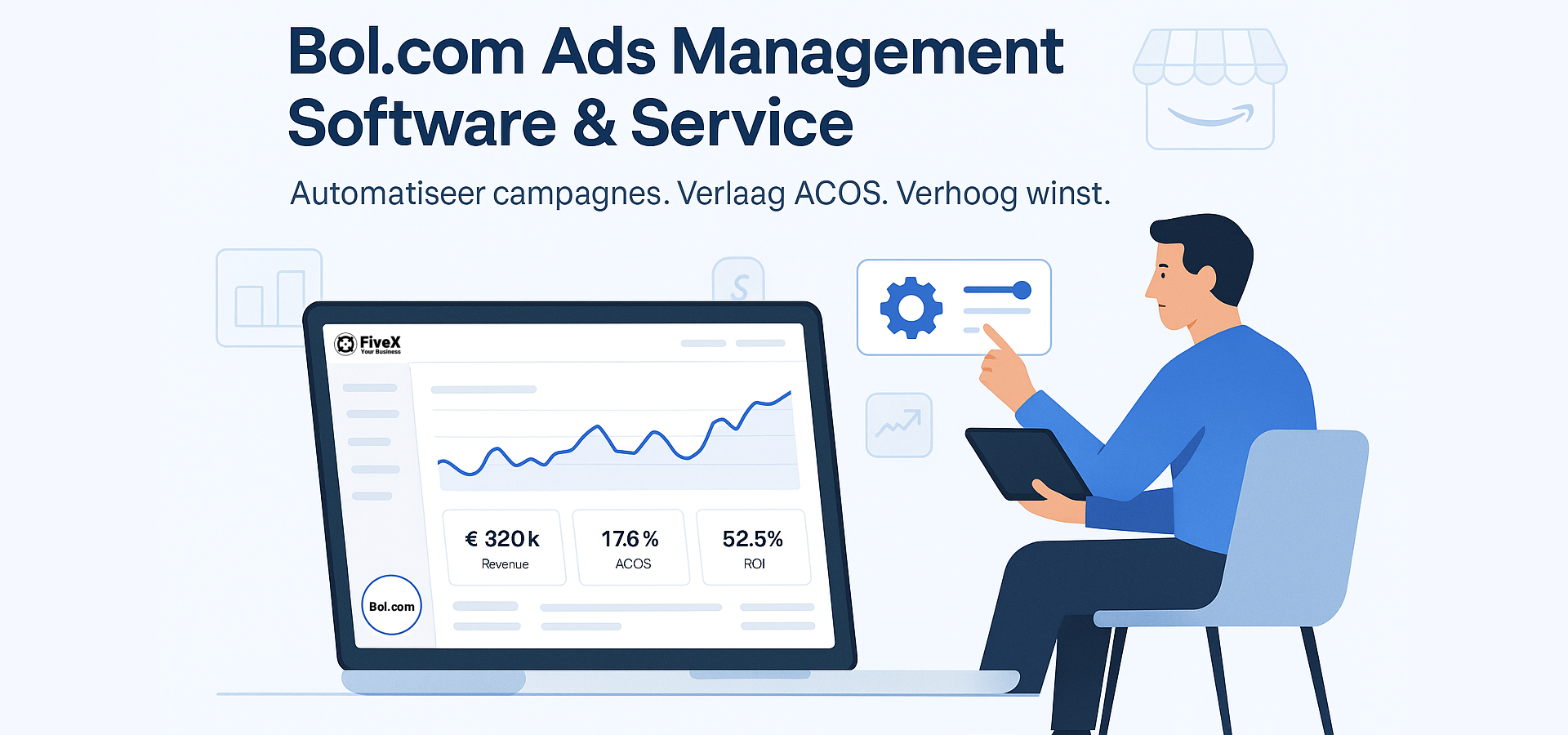 FiveX Bol.com Ads Management hero-afbeelding met dashboard en advertentiespecialist die campagnes optimaliseert