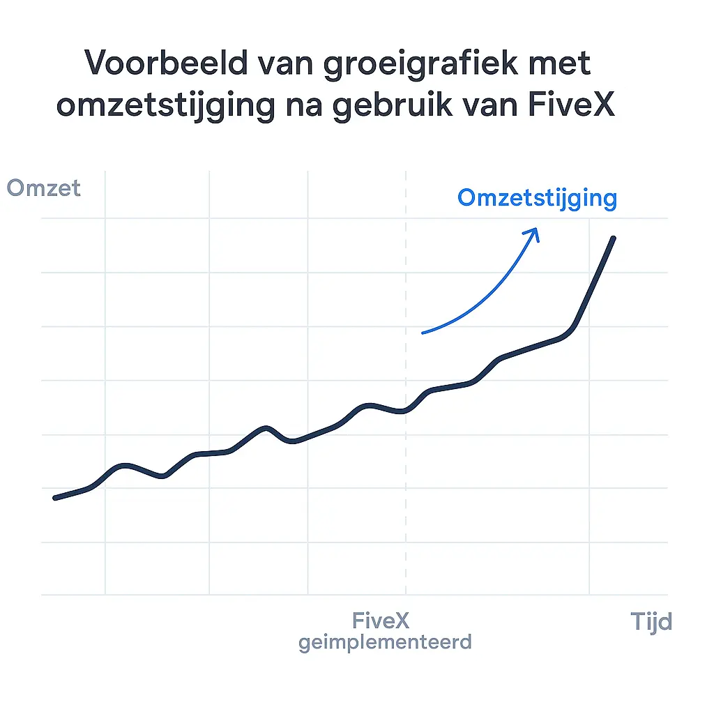 Groeigrafiek die de stijging van de omzet toont na implementatie van FiveX, met duidelijke trendbreuk en omzettoename over tijd