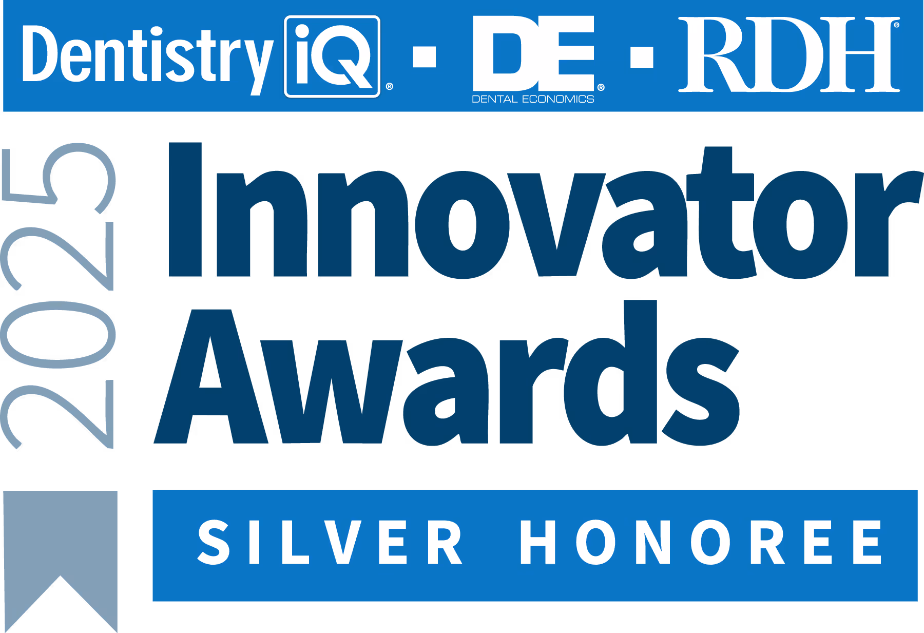 2025 Innovator Awards Silver Honoree logos for Dentistry IQ, Dental Economics, and RDH.