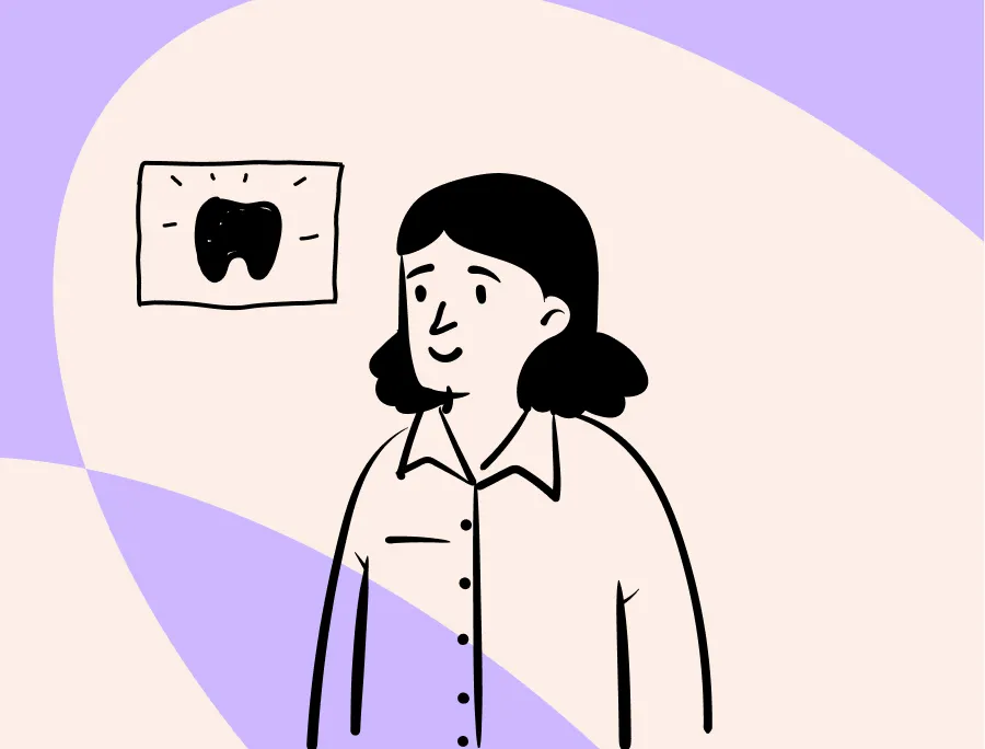 Illustration of a person sitting cross-legged wearing glasses and a t-shirt next to a checklist with three checked items and a tooth icon at the top.