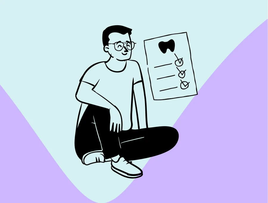 Illustration of a person sitting cross-legged wearing glasses and a t-shirt next to a checklist with three checked items and a tooth icon at the top.