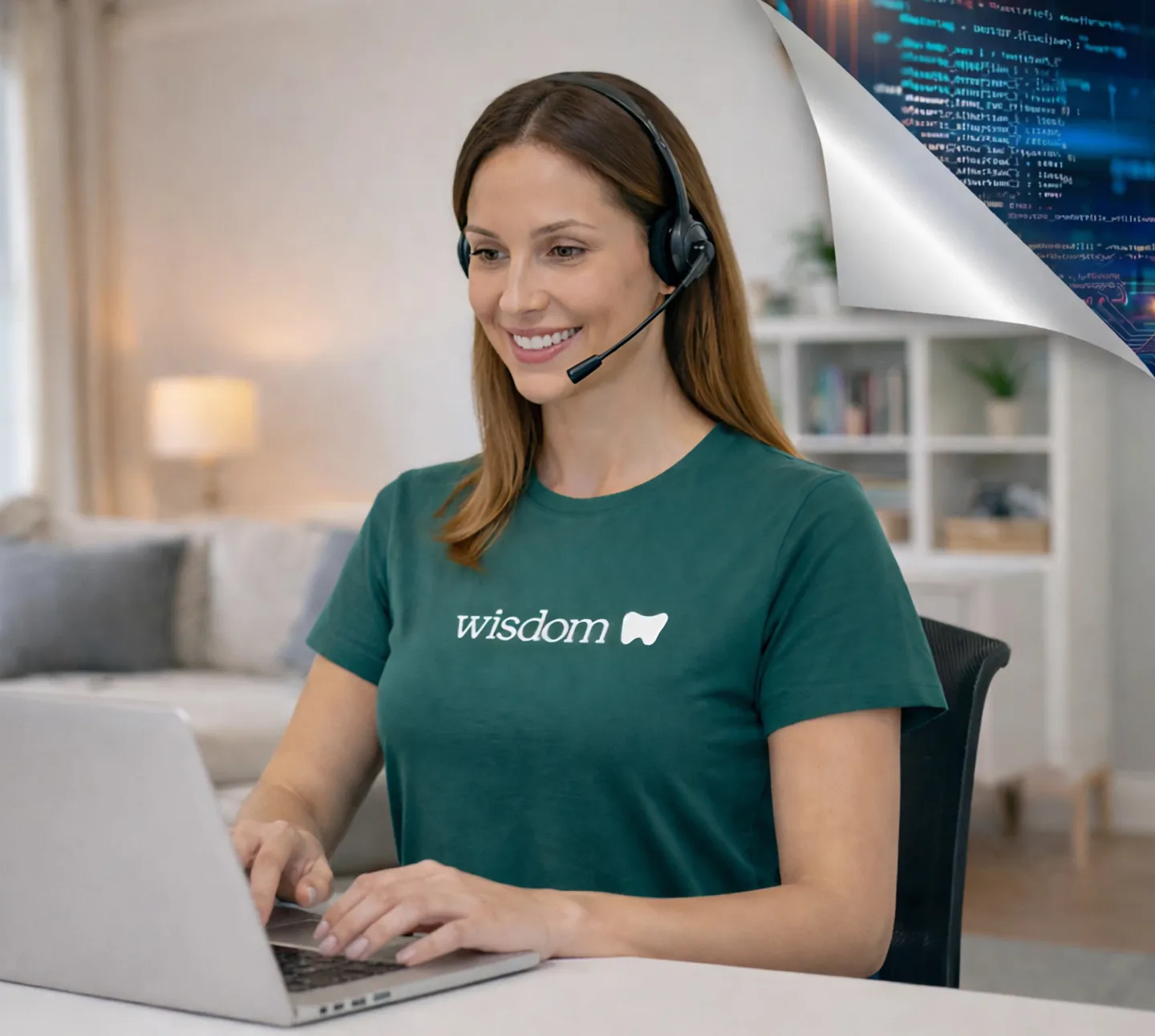 Smiling woman wearing a headset and a green t-shirt with the word 'wisdom' typing on a laptop indoors.