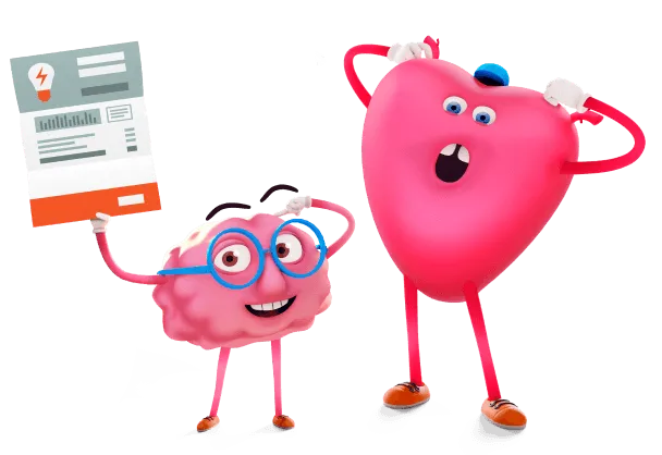 Maskot mozek drží vyúčtování energií, maskot srdce se diví