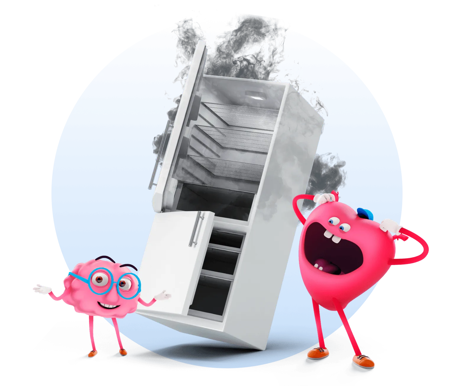 Maskoti mozek a srdce před pokaženou ledničkou