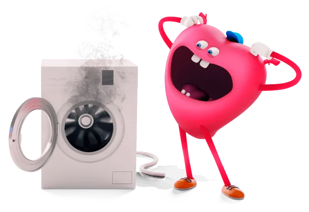 Maskot srdce před rozbitou pračkou je nemile překvapené